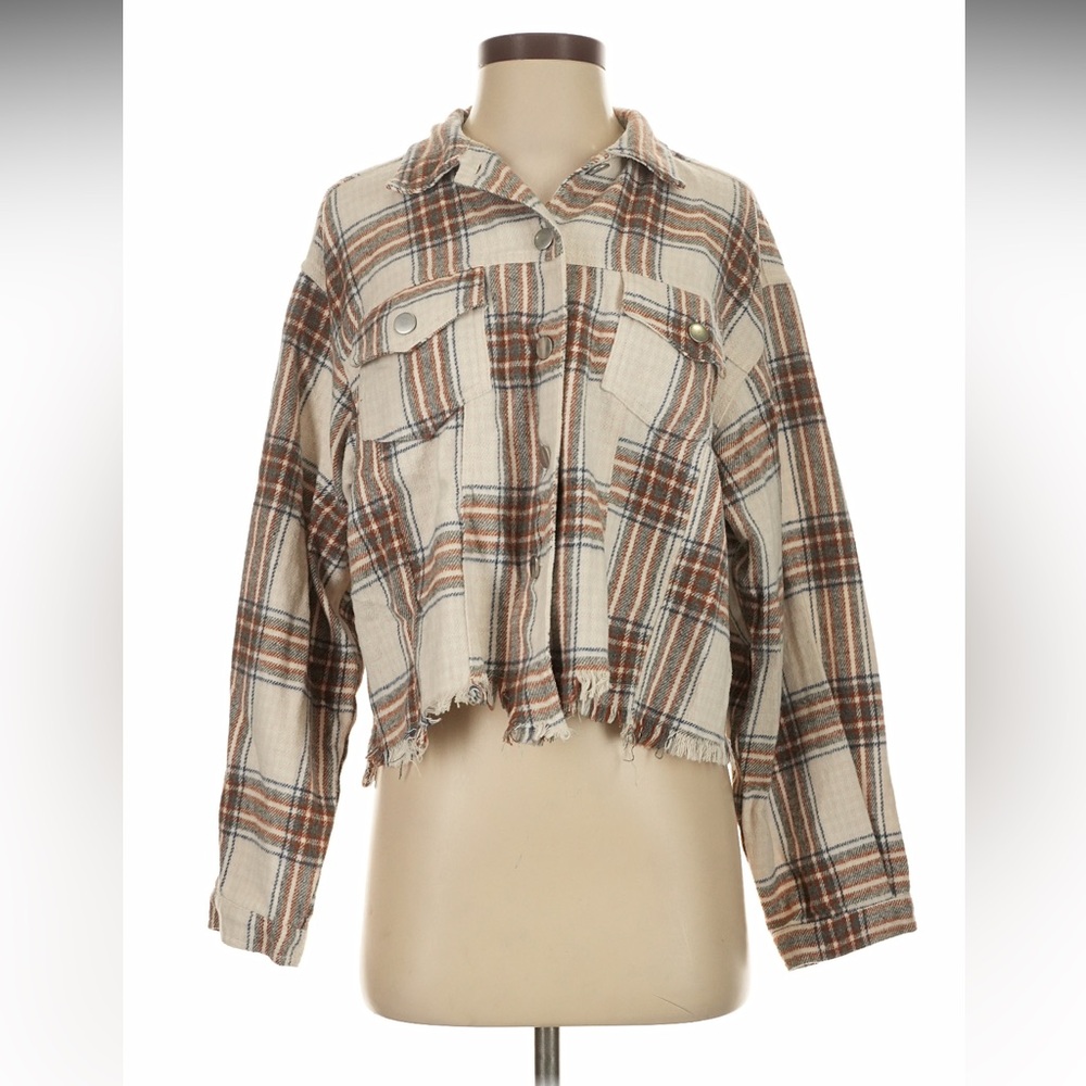 Altar'd State Cream and Brown Checkered Utility Jacket